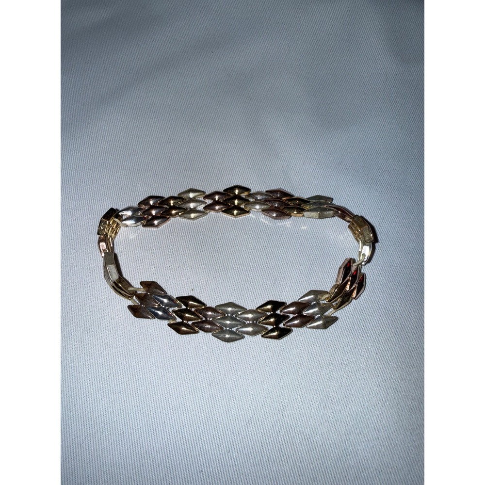 Vintage Tri-Tone Diamond Link Bracelet Gold Silver Rose Gold Tone 7.5 Inch